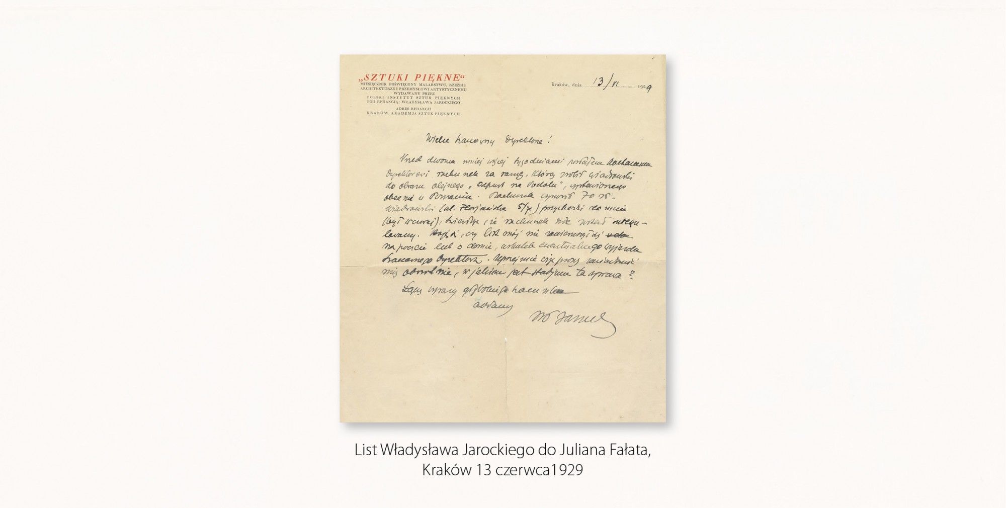 Karta listu Władysława Jarockiego do Juliana Fałata, napisanego z Krakowa 13 czerwca 1929, dotyczącego rozliczenia za ramowanie obrazu na wystawę w Poznaniu   